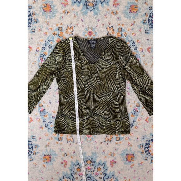 y2k Russell Kemp Petite Green/Gold & Black Abstract V-Neck 3/4 Sleeve Top - PM - Picture 7 of 9